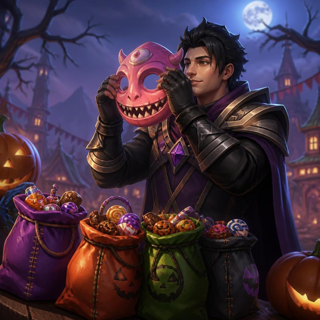 RuneScape 3 Harvest Hollow Guide: Trick-or-Treating and Halloween Rewards - An adventurer lifts the pink Halloween mask after collecting treats.