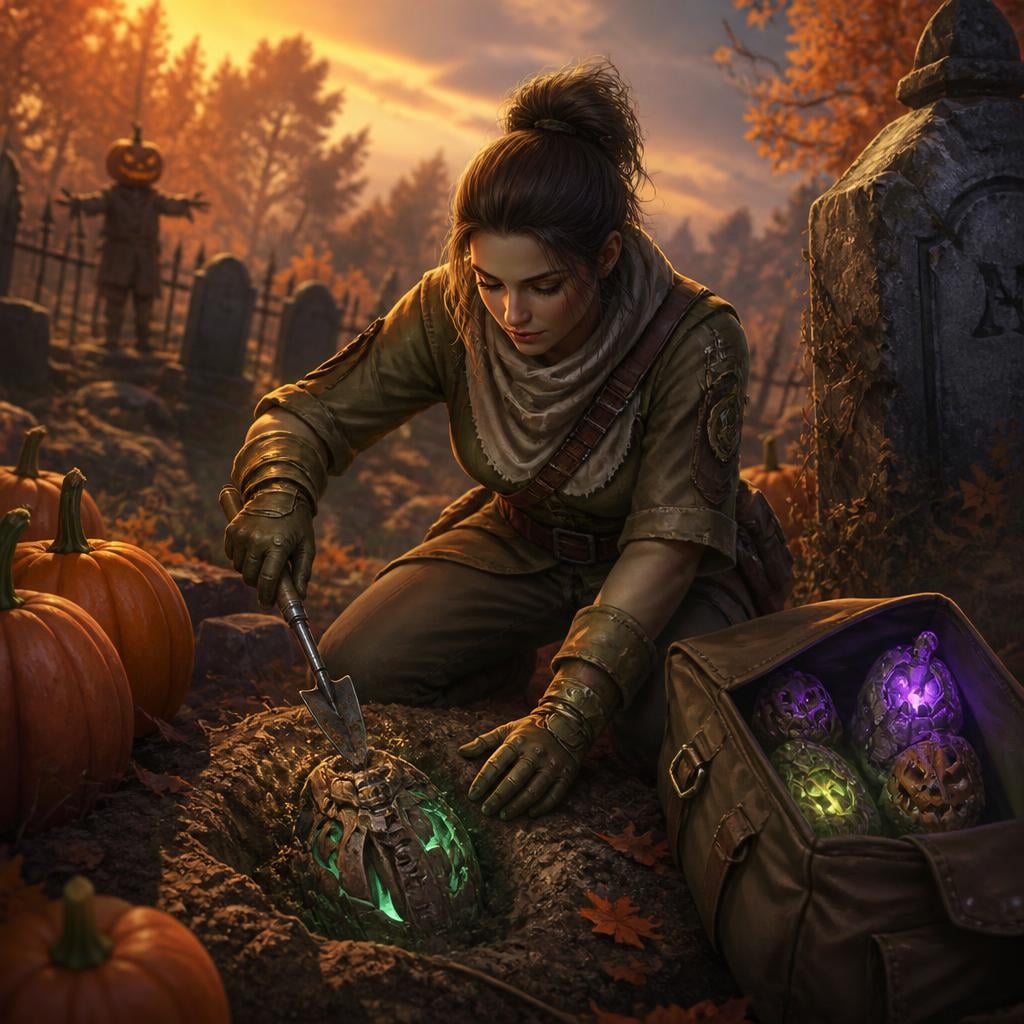 RuneScape 3 Harvest Hollow Guide: Trick-or-Treating and Halloween Rewards - An archaeologist excavates relics while collecting spooky tokens for rewards.