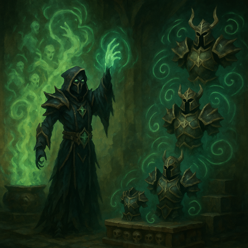 RS3 Returner Roadmap for 2026: UI, Necromancy Combat, Quest Priorities, and Smart Money Progression - Necromancer raises souls beside a tiered set of armor