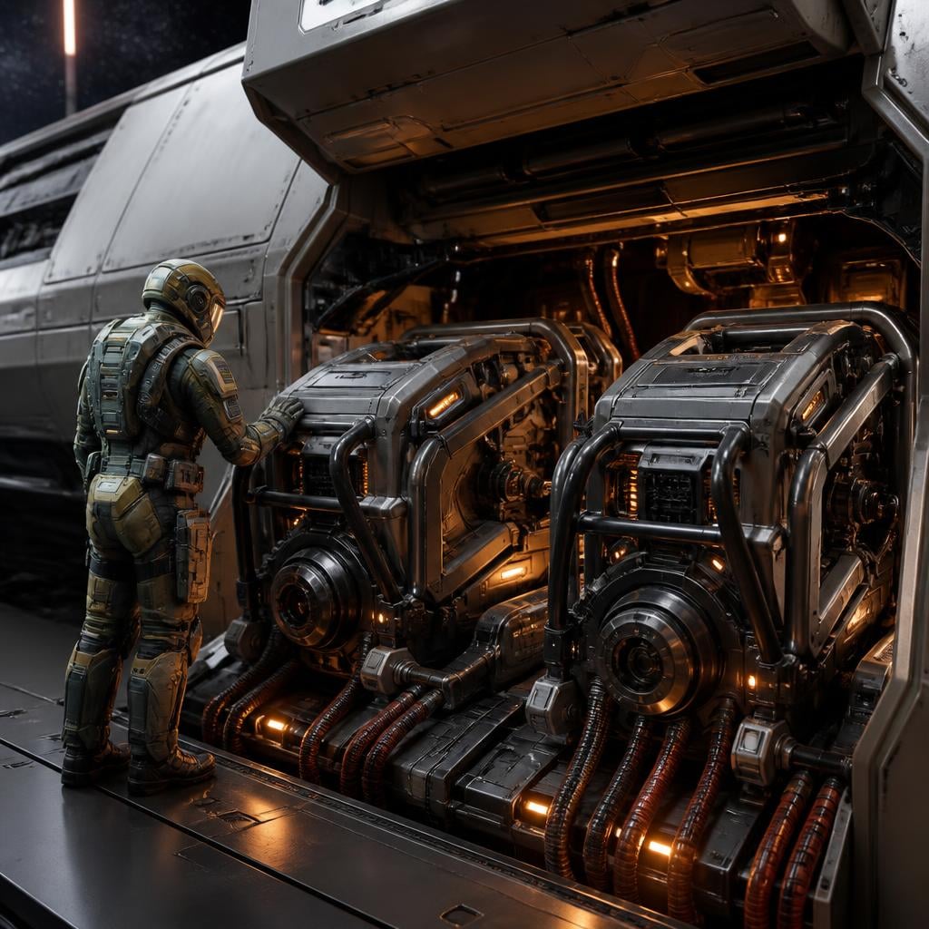 Star Citizen Constellation Mark V Loadout: Components and Power Management - A technician inspects paired power plants before installing them.